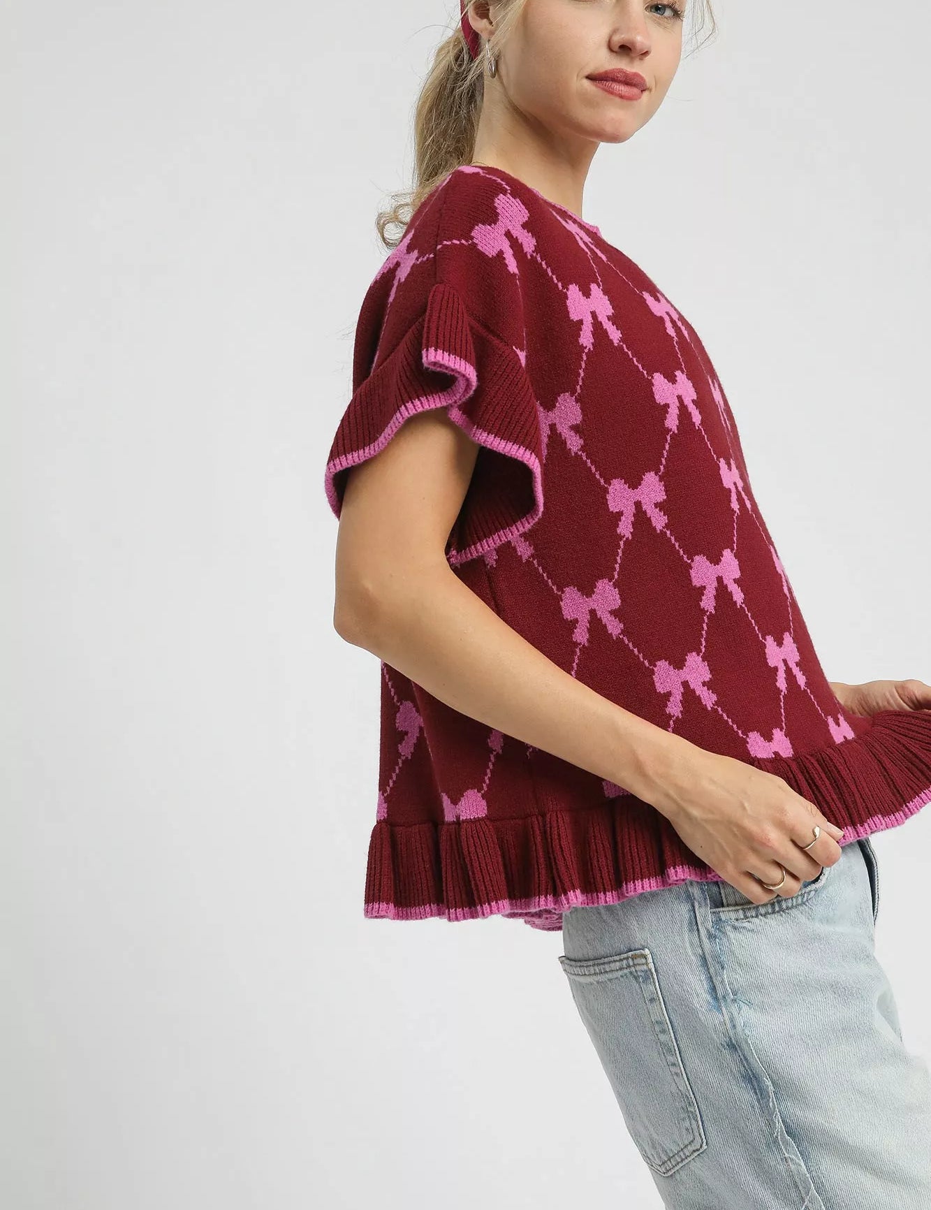 Umgee Bow Knit Ruffle Sleeve Sweater | Sweaters Daverri Fashions