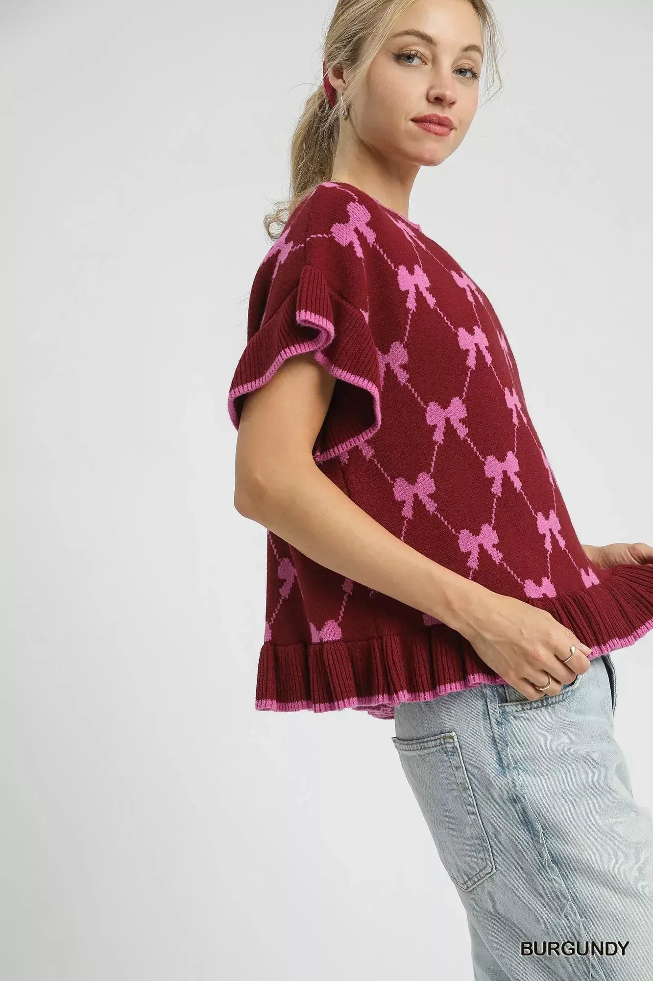Umgee Bow Knit Ruffle Sleeve Sweater - DAVERRI FASHIONS