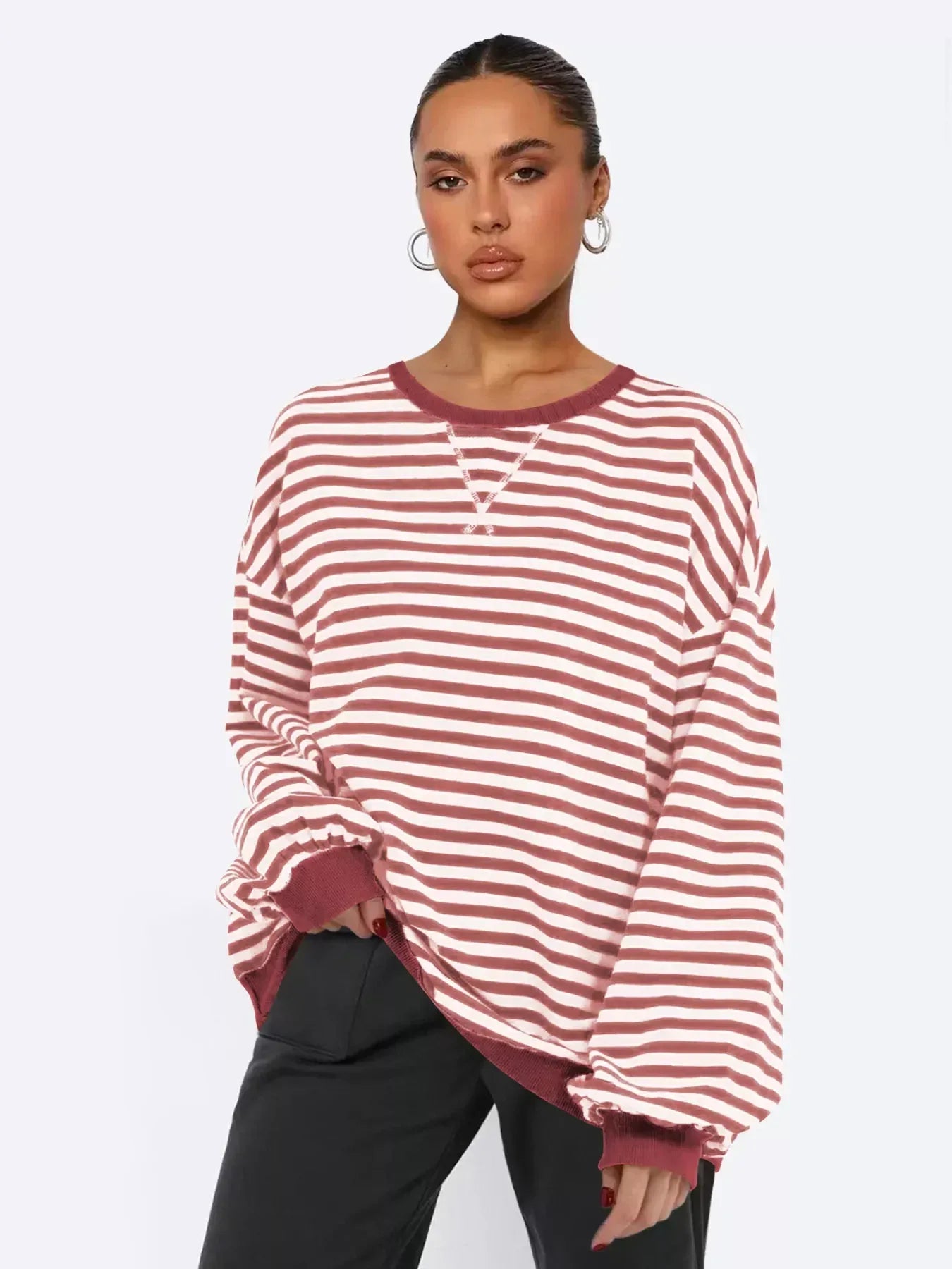 Striped Round Neck Long Sleeve Sweatshirt - DAVERRI FASHIONS