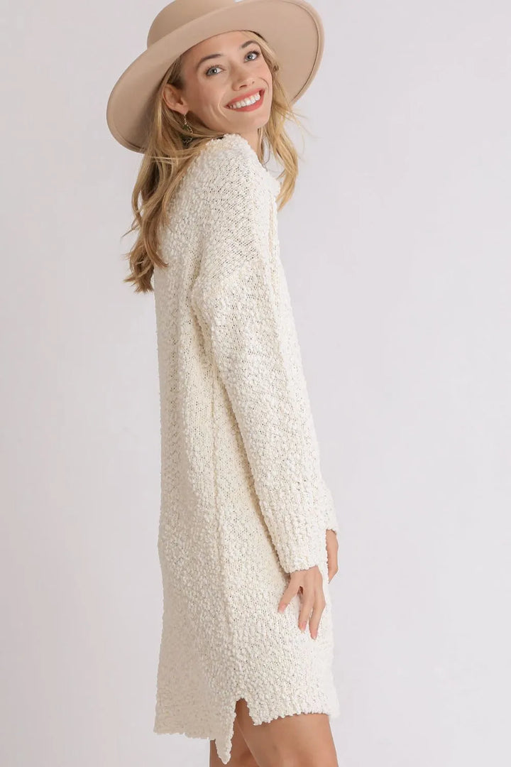 Umgee Full Size High Low Long Sleeve Boucle Sweater Dress Plus Size | Daverri Fashions