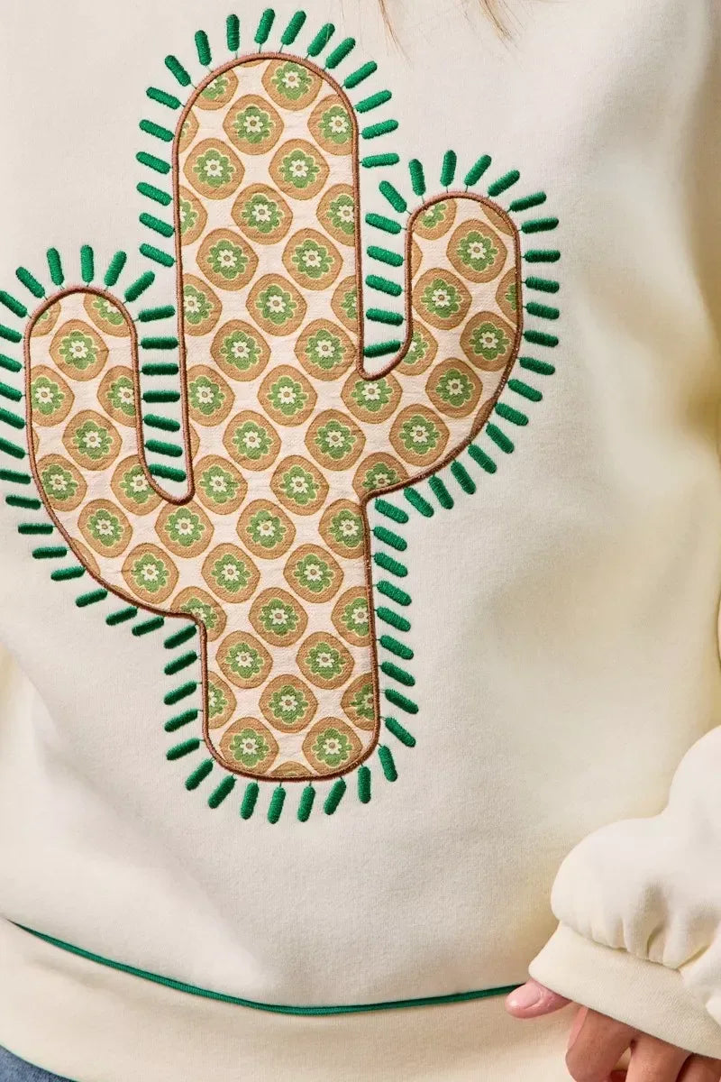 BiBi Cactus Embroidered Fleece Sweatshirt - DAVERRI FASHIONS