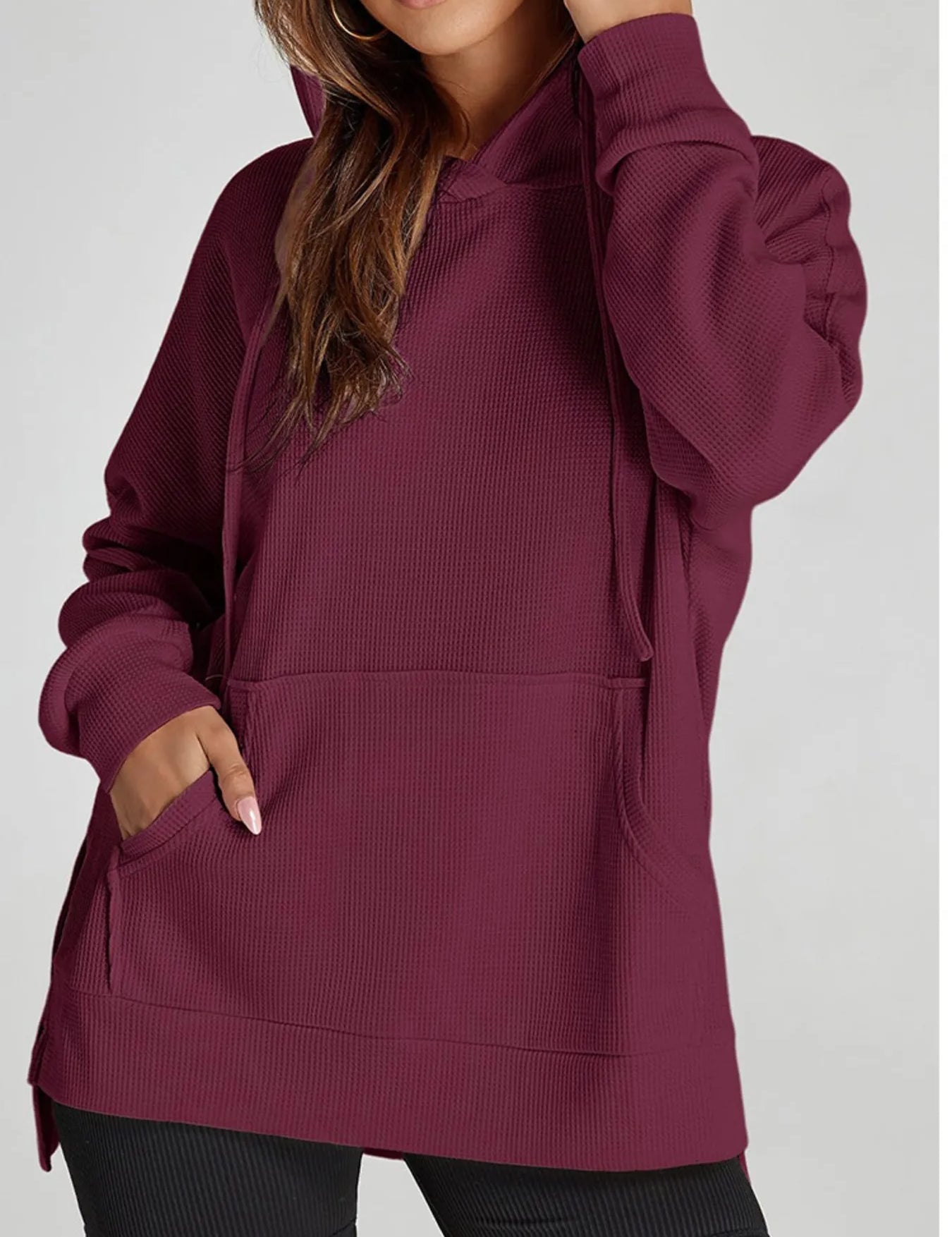 Burgundy Slit Drawstring Waffle Knit Hoodie | Hoodies Daverri Fashions
