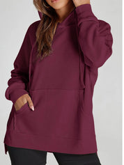 Burgundy Slit Drawstring Waffle Knit Hoodie | Hoodies Daverri Fashions
