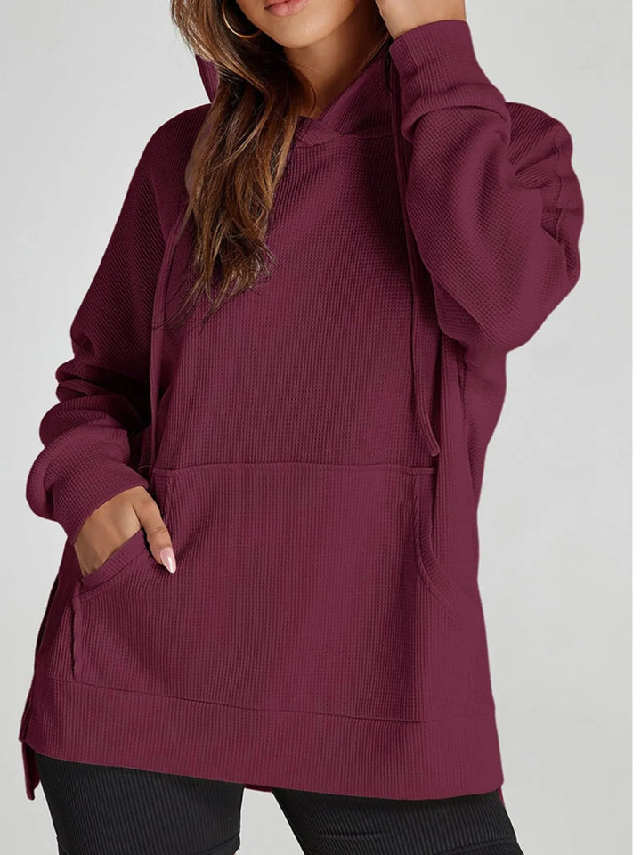 Burgundy Slit Drawstring Waffle Knit Hoodie | Hoodies Daverri Fashions