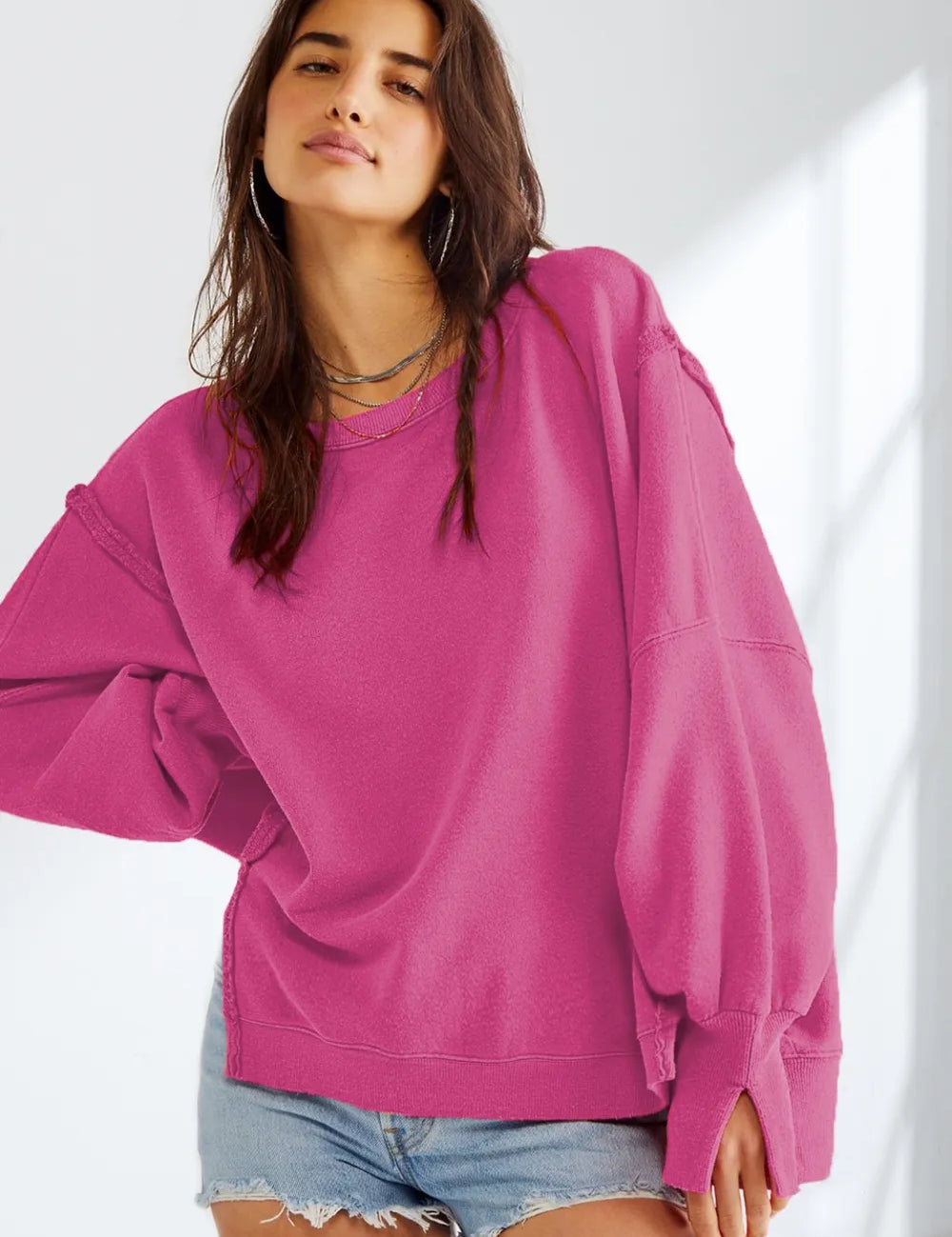 Hot Pink Slit Round Neck Dropped Shoulder Sweatshirt | Sweatshirts Daverri Fashions