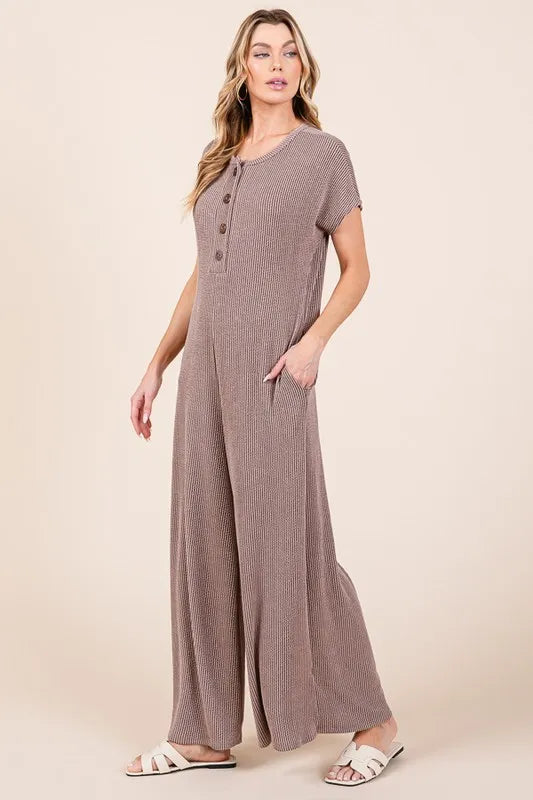 BOMBOM Rib Knit Jumpsuit with Button Detail