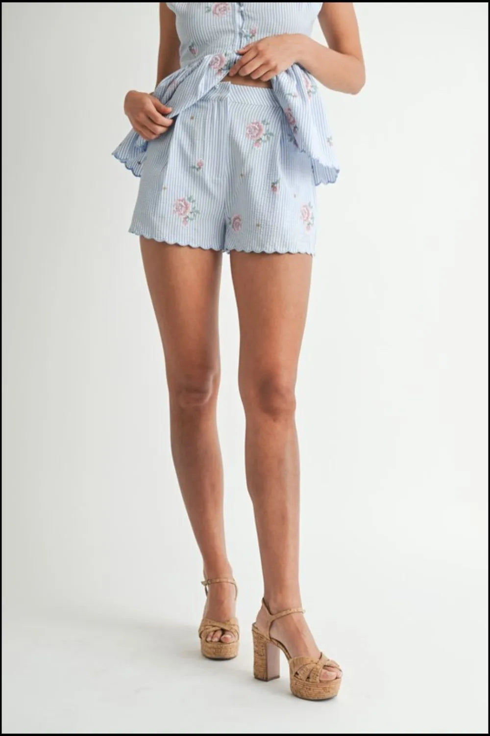 MABLE Stripe Embroidered Peplum Cami and Shorts Set Shorts Sets