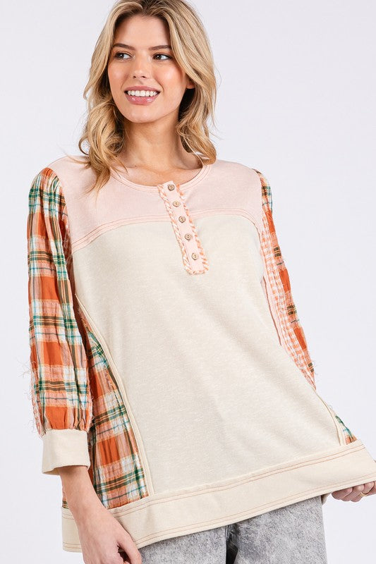 SAGE + FIG Exposed Seam Button Detail Plaid Top Tops