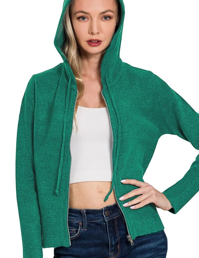 Zenana Drawstring Zip Up Hooded Cardigan Green | Cardigans Daverri Fashions