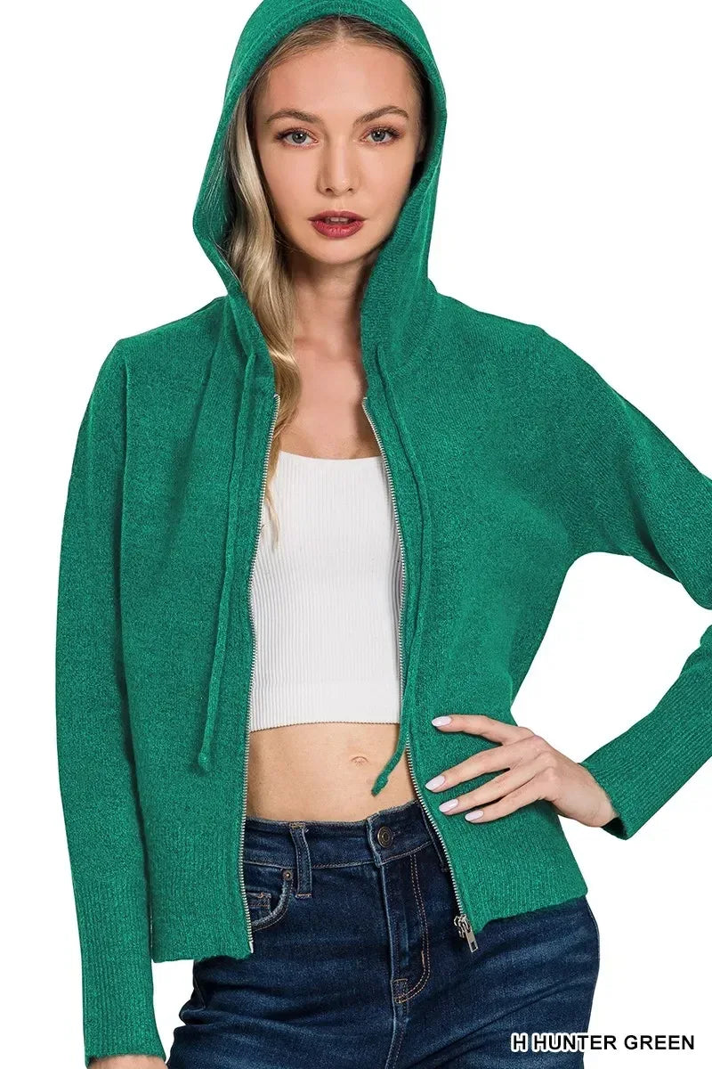 Zenana Drawstring Zip Up Hooded Cardigan Green - DAVERRI FASHIONS