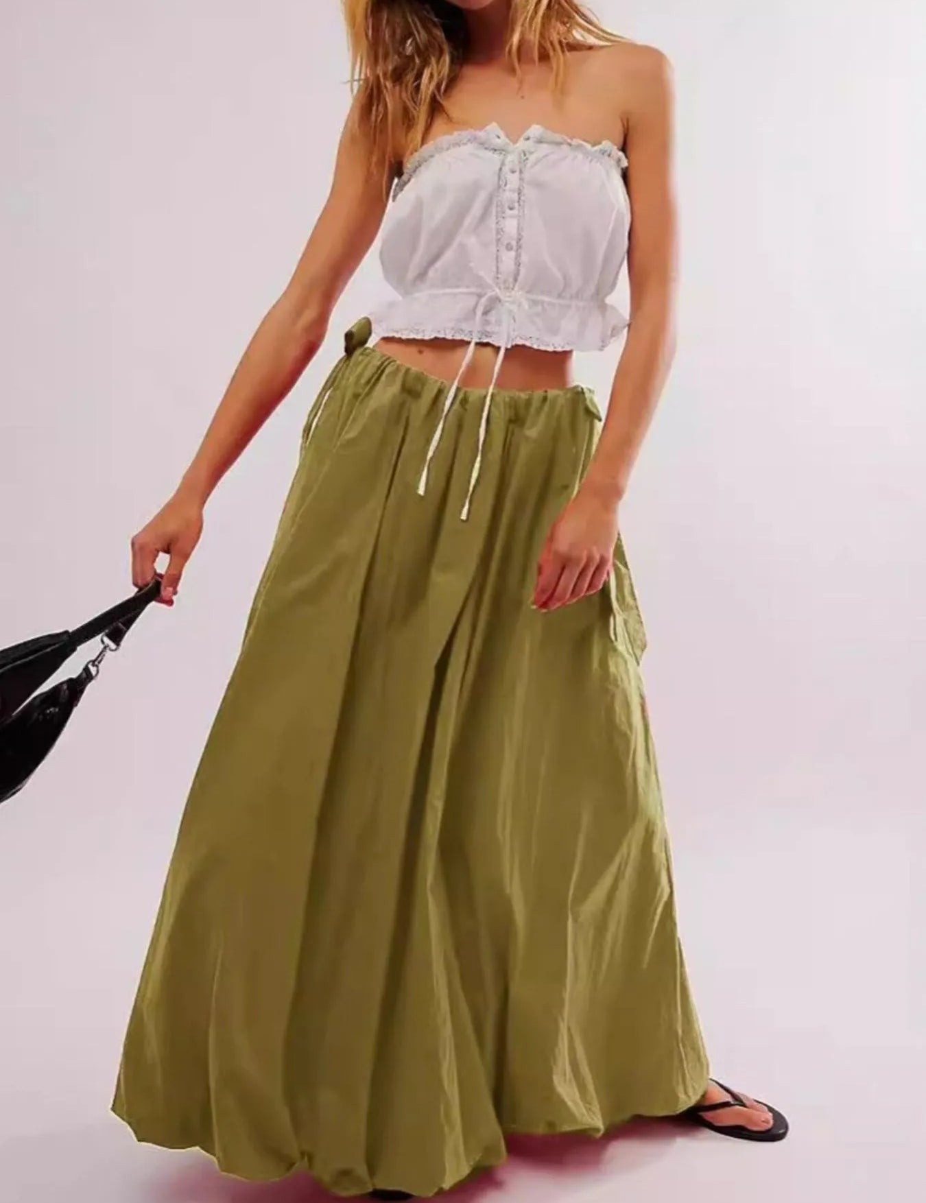 Olive Side Bow Maxi Skirt with Pockets | Maxi Skirts Daverri Fashions