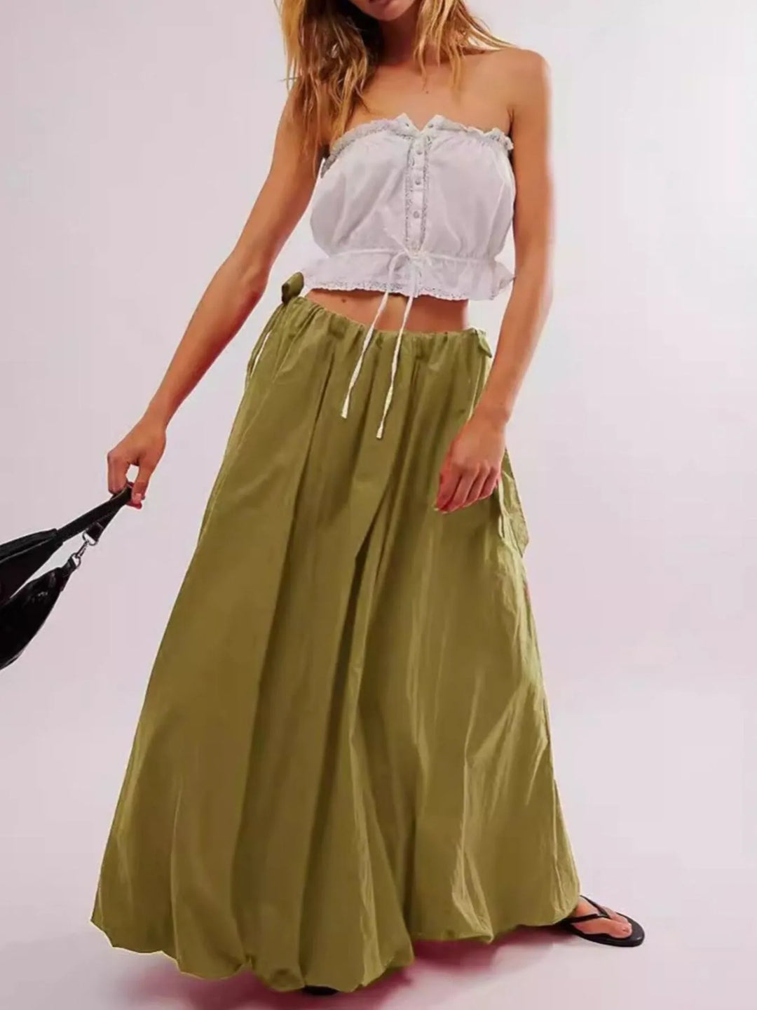 Olive Side Bow Maxi Skirt with Pockets | Maxi Skirts Daverri Fashions