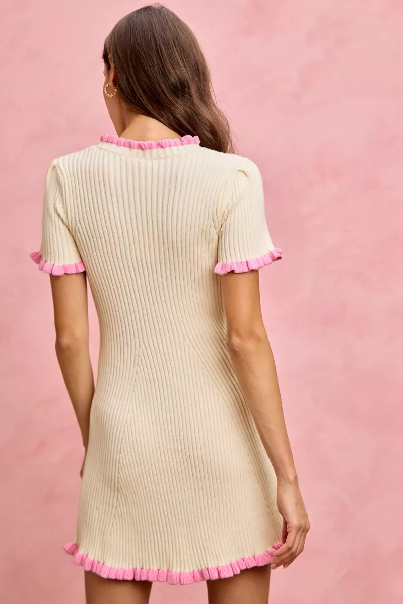 SO ME cream ribbed knit mini dress with pink ruffled trim
