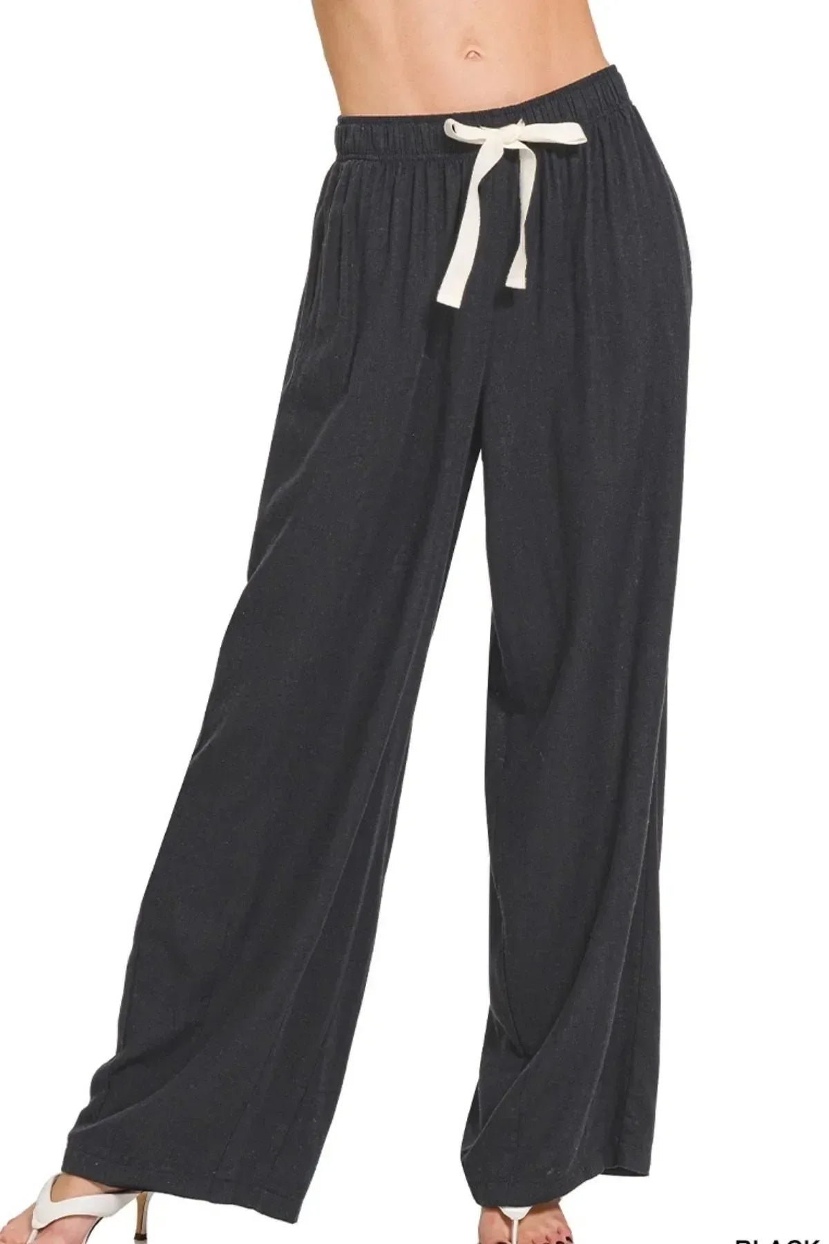 Zenana Linen Drawstring Pants Black - DAVERRI FASHIONS