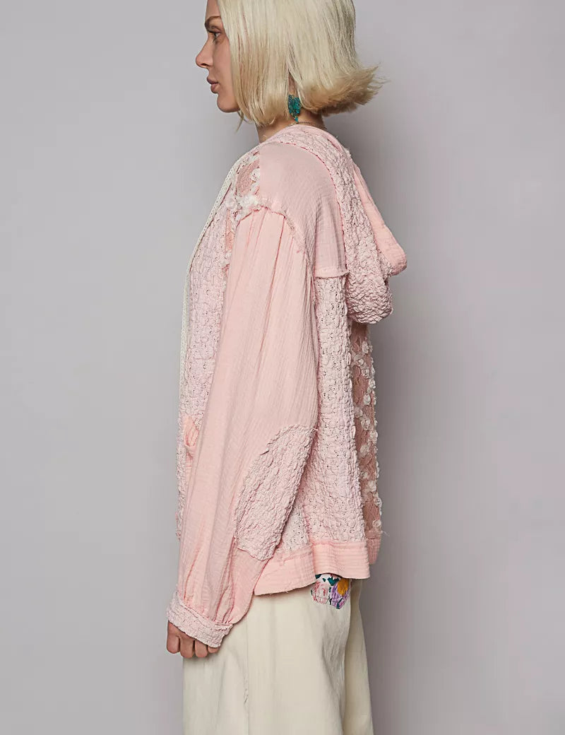 POL Exposed Seam Button Down Hooded Jacket with Lace Detail | Jackets Daverri Fashions