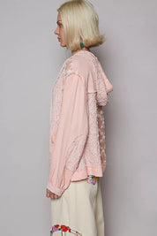 POL Exposed Seam Button Down Hooded Jacket with Lace Detail | Jackets Daverri Fashions