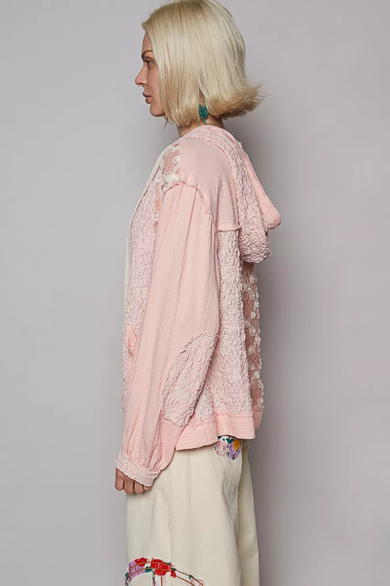 POL Exposed Seam Button Down Hooded Jacket with Lace Detail | Jackets Daverri Fashions