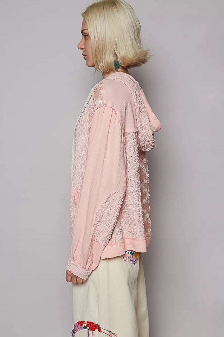 POL Exposed Seam Button Down Hooded Jacket with Lace Detail | Jackets Daverri Fashions