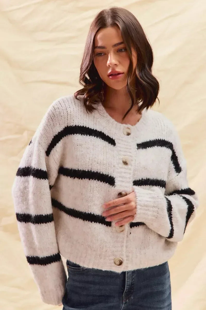 SO ME Stripe Soft Touch Button Cozy Sweater Cardigan - DAVERRI FASHIONS