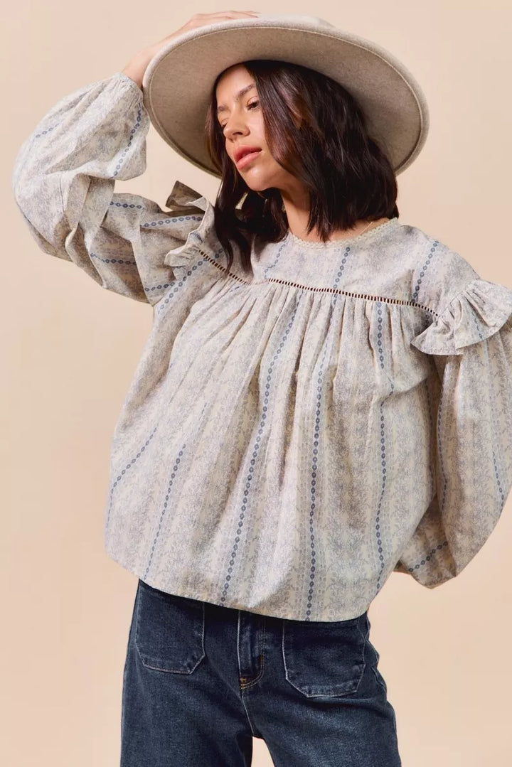 SO ME Floral Cotton Print Ruffled Long Sleeve Blouse | Daverri Fashions