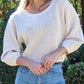 Daverri relaxed fit cream knit sweater, wide crew neck, 3/4 sleeves