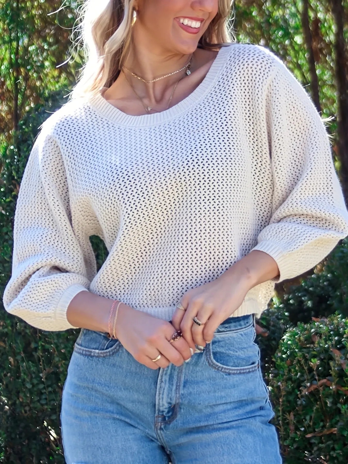 Daverri relaxed fit cream knit sweater, wide crew neck, 3/4 sleeves