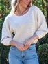 Daverri relaxed fit cream knit sweater, wide crew neck, 3/4 sleeves