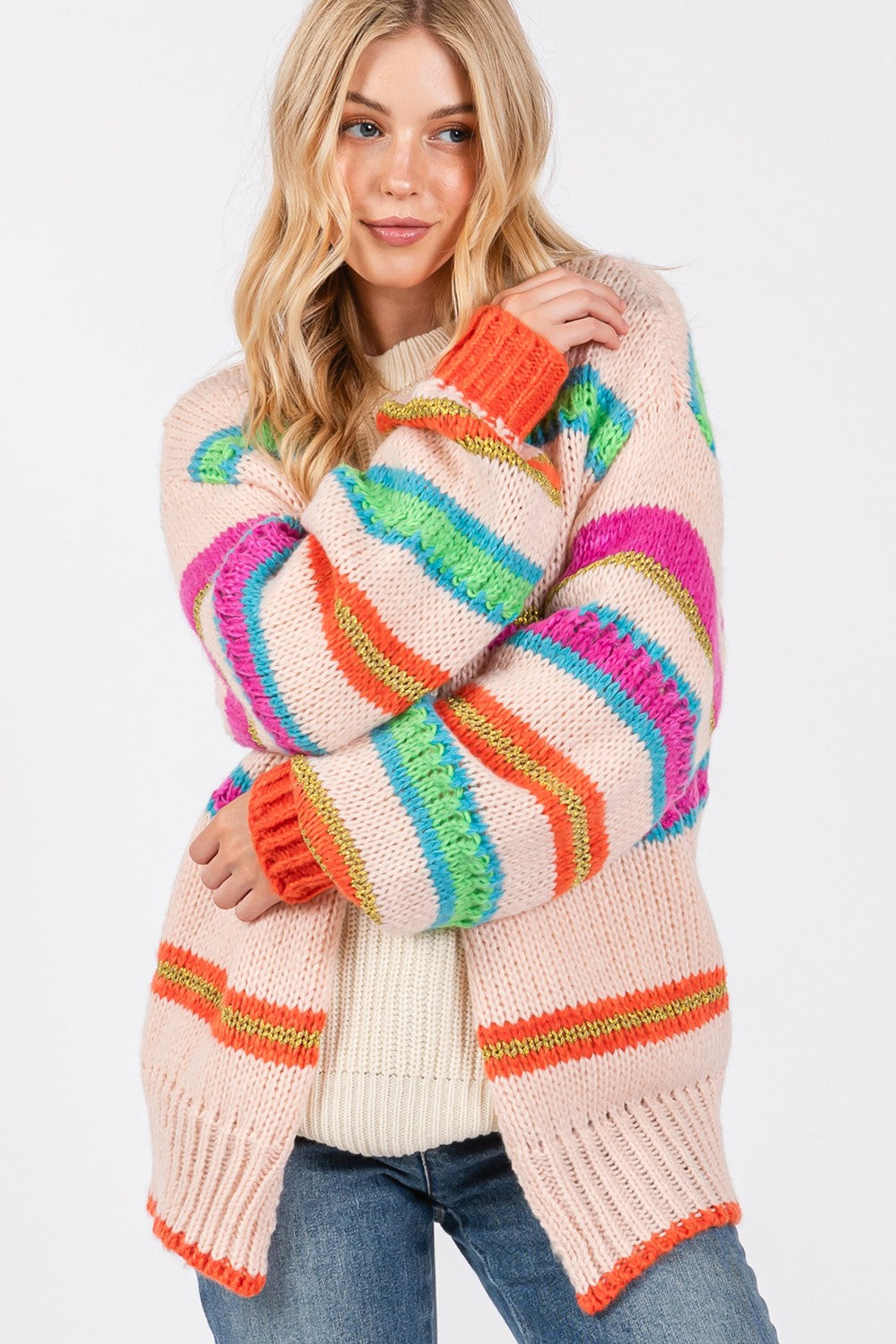 SAGE + FIG Rainbow Striped Open Front Knit Cardigan Tops