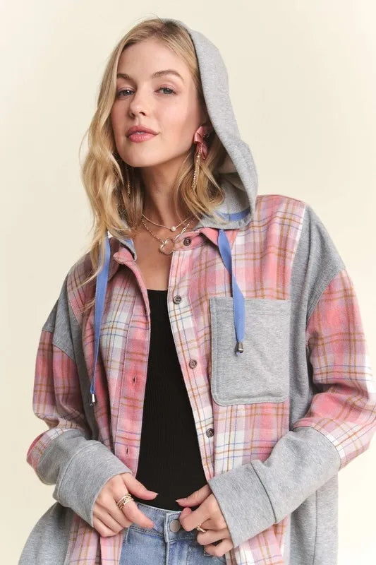 ADORA Button Down Plaid Hoodie Shacket Shackets