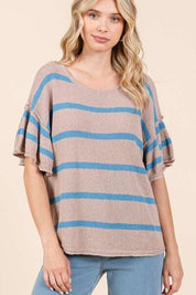 Mittoshop Striped Flounce Sleeve Knit Top MOCHA BLUE S Tops