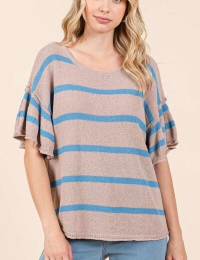 Mittoshop Striped Flounce Sleeve Knit Top MOCHA BLUE S Tops