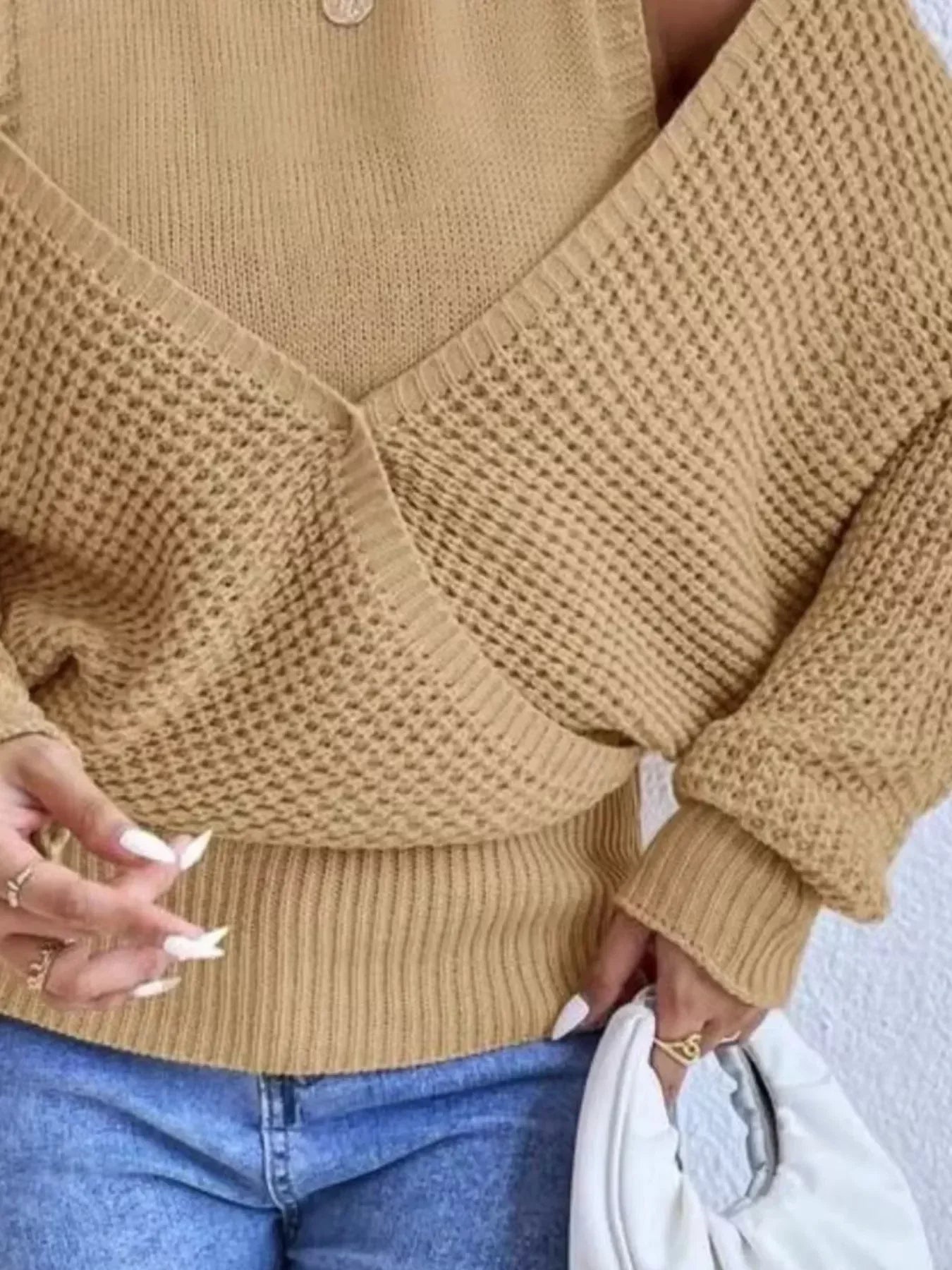 Waffle Knit Cold Shoulder Turtleneck Sweater - DAVERRI FASHIONS