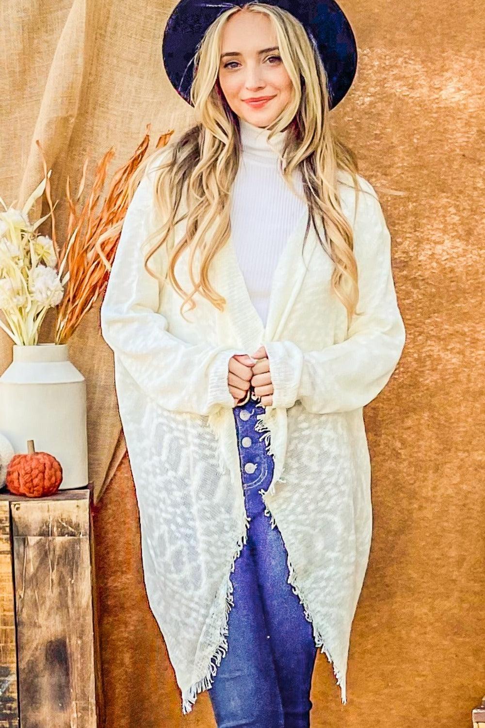 Ivory And The Why Textured Knit Fringe Hem Cardigan | Cardigans Daverri Fashions