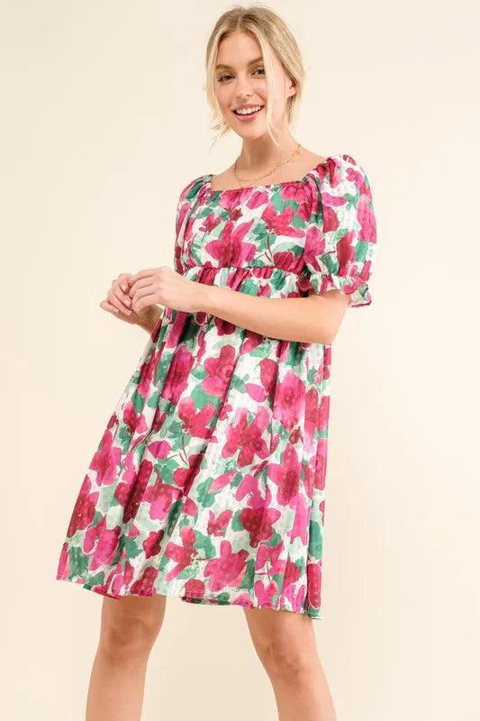And The Why Smocked Floral Ruffle Short Sleeve Mini Dress - DAVERRI FASHIONS