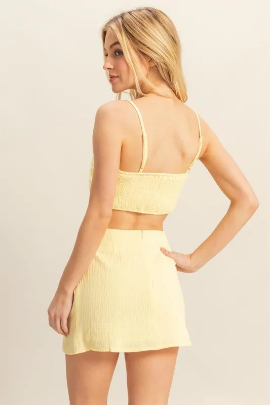 HYFVE Yellow Ruched Bra Top and Mini Skirt Set Skirt Sets