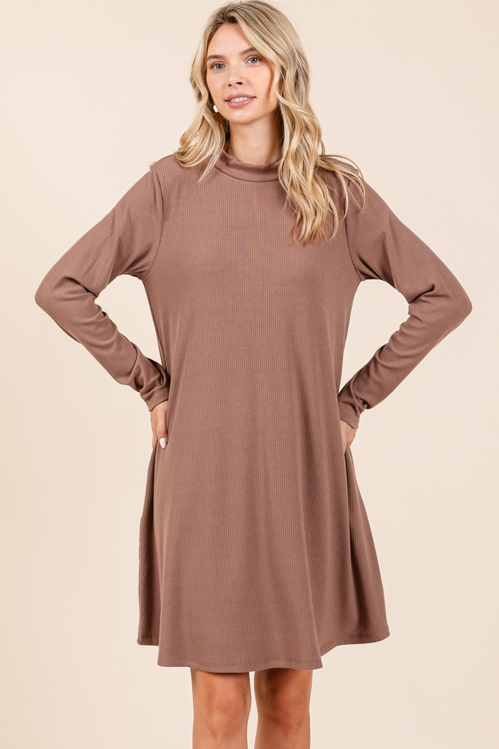 Mittoshop Mock Neck Long Sleeve Dress with Pockets Cocoa