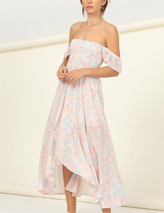 Pastel Florals Smocked Midi Dress PINK Midi Dresses