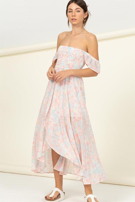 Pastel Florals Smocked Midi Dress PINK Midi Dresses