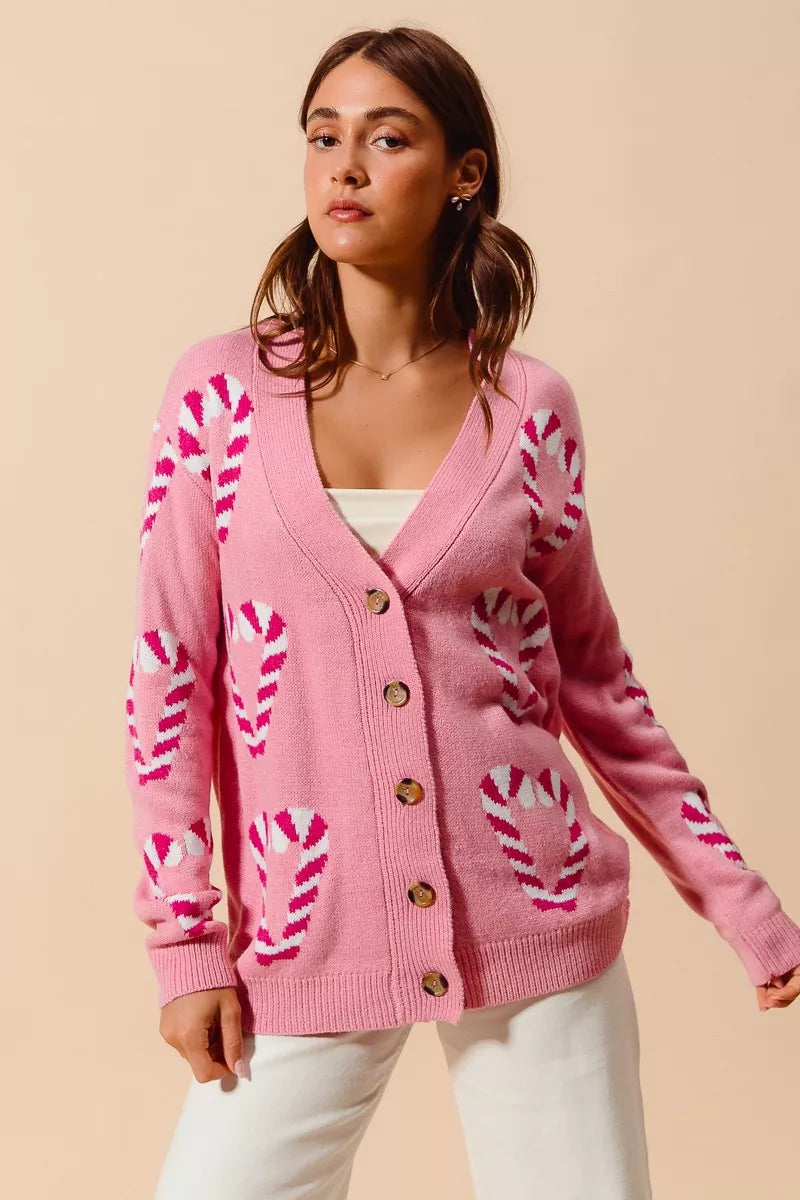 SO ME Christmas Candy Cane Button Front Sweater Cardigan | Cardigans Daverri Fashions