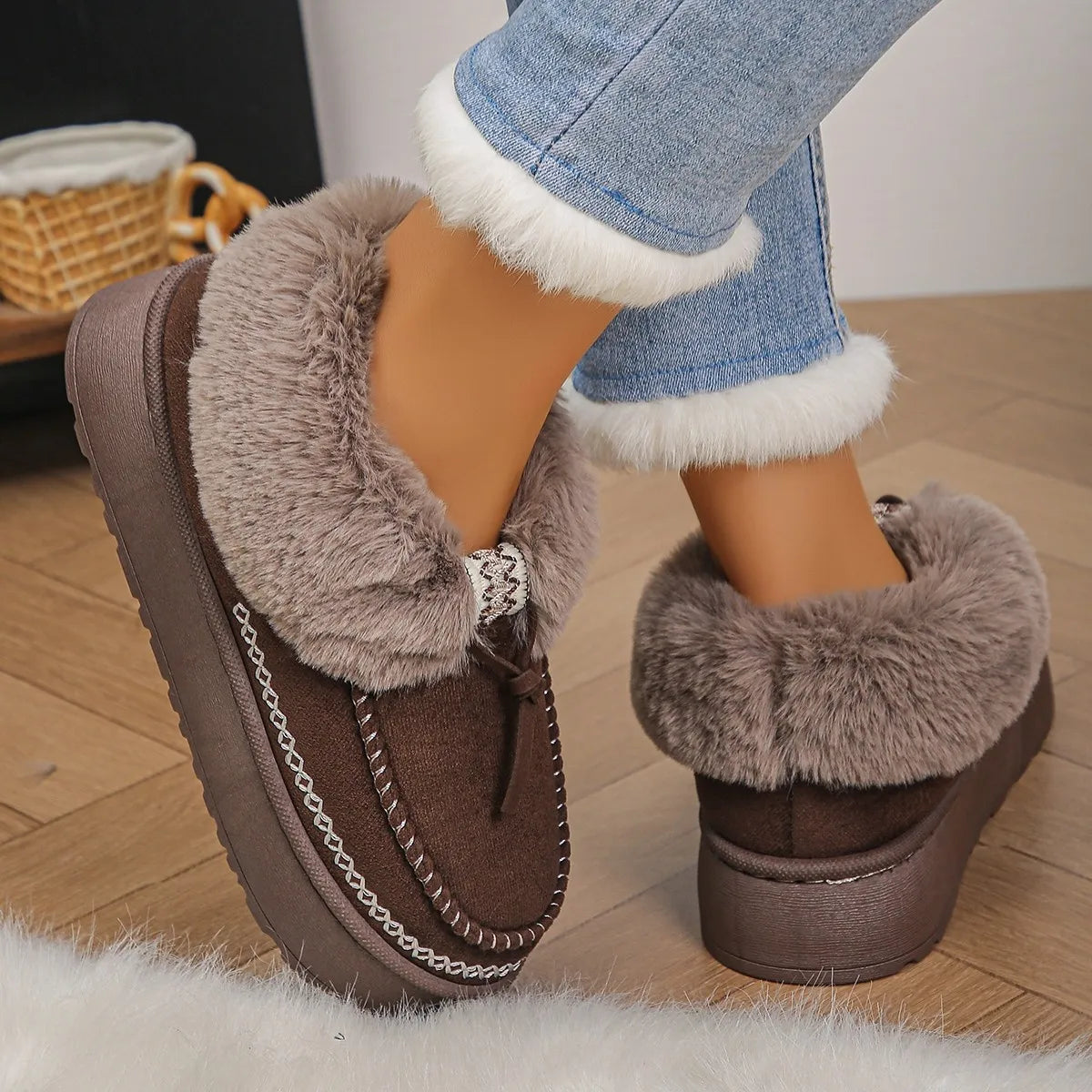 Coffee Brown Cozy Fur-Lined Winter Platform Boots | Boots Daverri Fashions