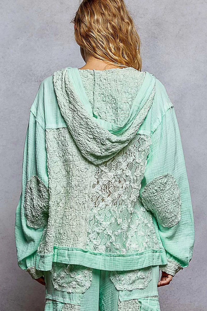 POL Exposed Seam Button Down Hooded Jacket with Lace Detail | Daverri Fashions