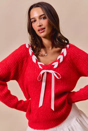 SO ME Satin Tape Braided Ribbon Tie V Neck Sweater | Sweaters Daverri Fashions