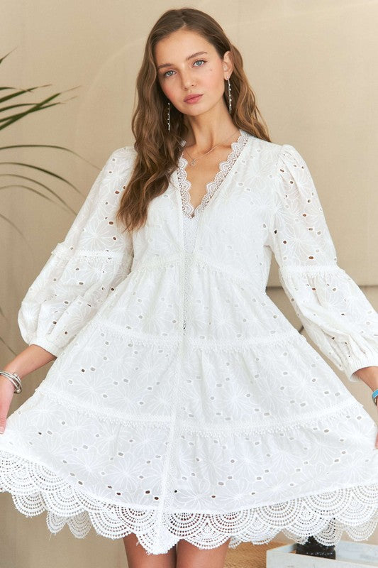 Lace Detail Tiered Eyelet V-Neck Babydoll Dress Midi Dresses