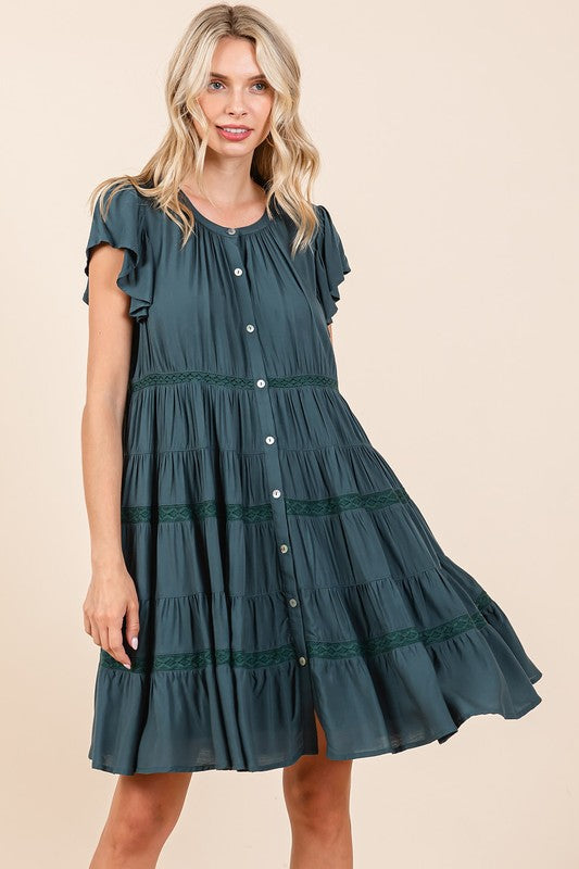 Mittoshop Deep Teal Lace Detail Ruffled Button Down Tiered Dress