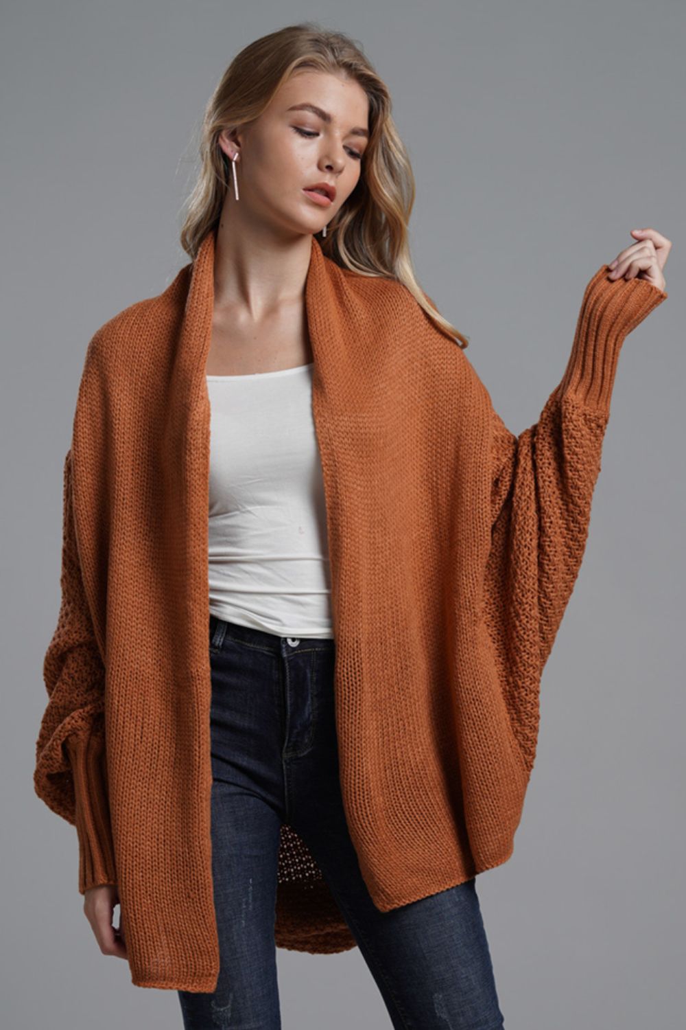 Dolman Sleeve Open Front Ribbed Trim Longline Cardigan | Cardigans Daverri Fashions