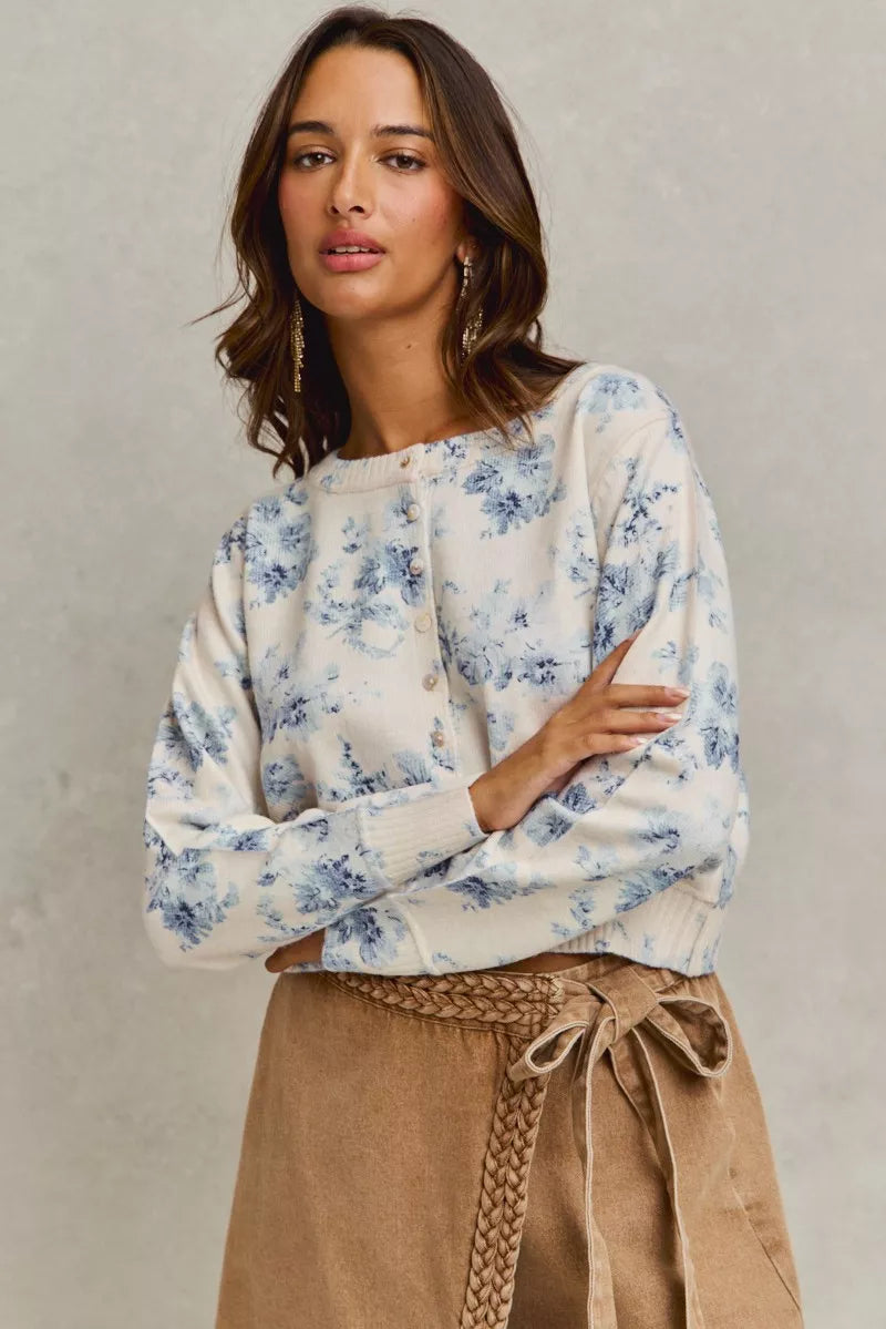 Vintage floral print SO ME sweater cardigan with beige corduroy skirt