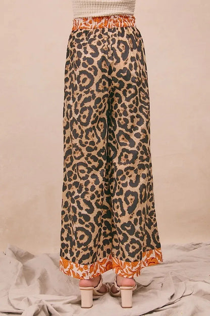 BiBi Leopard Print With Contrast Banded Wide Pants - DAVERRI FASHIONS