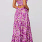 Floral print tie front tiered purple maxi dress with ruffles