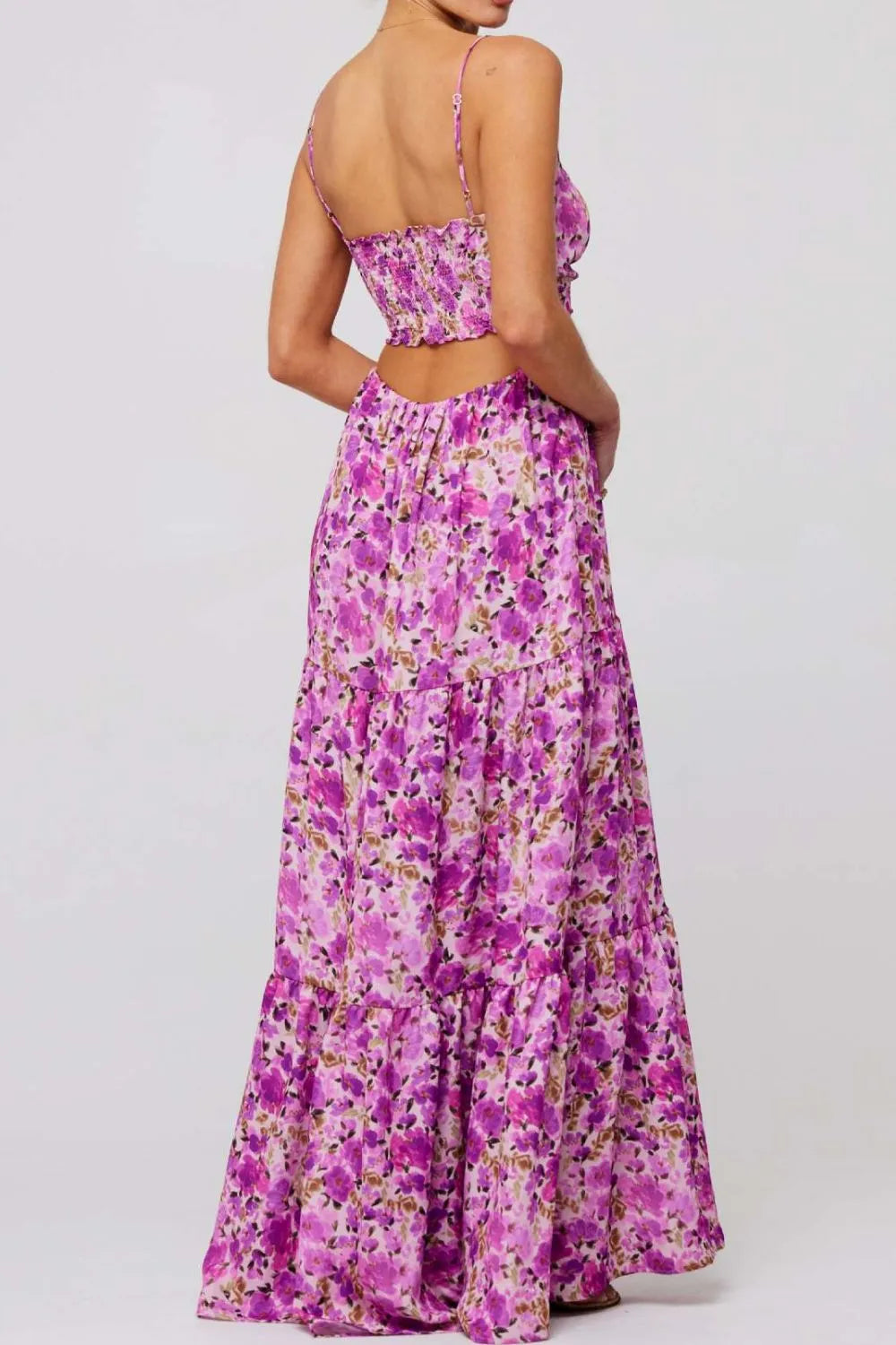 Floral print tie front tiered purple maxi dress with ruffles