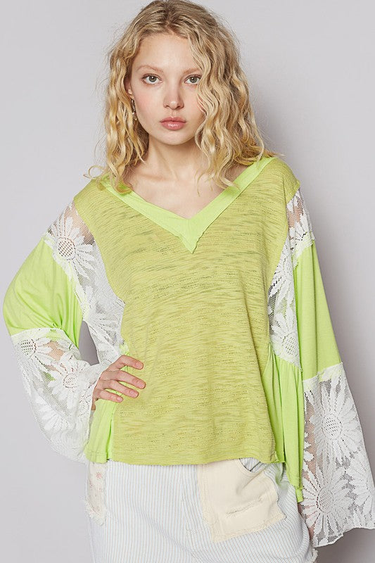 POL Lace Detail V-Neck Flare Sleeve Blouse Neon Lime